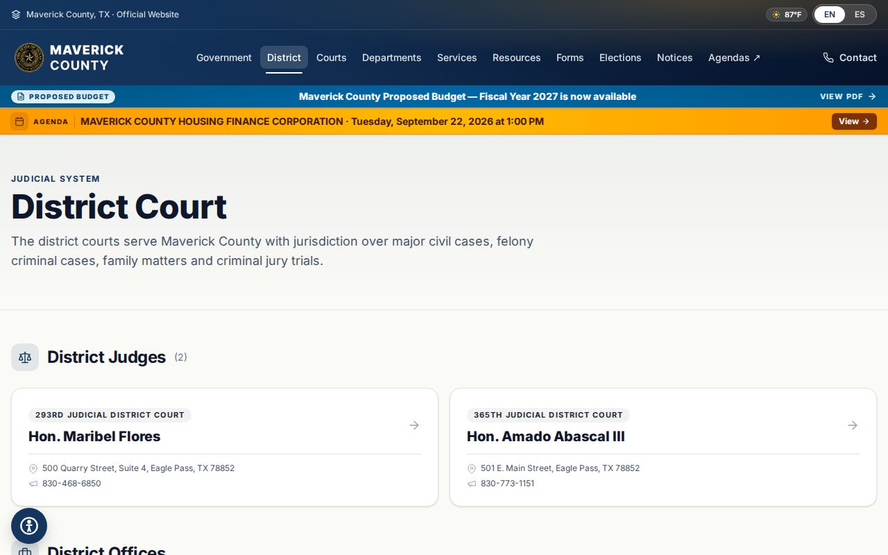 Maverick County arrest warrant research showing the 293rd and 365th District Court directory