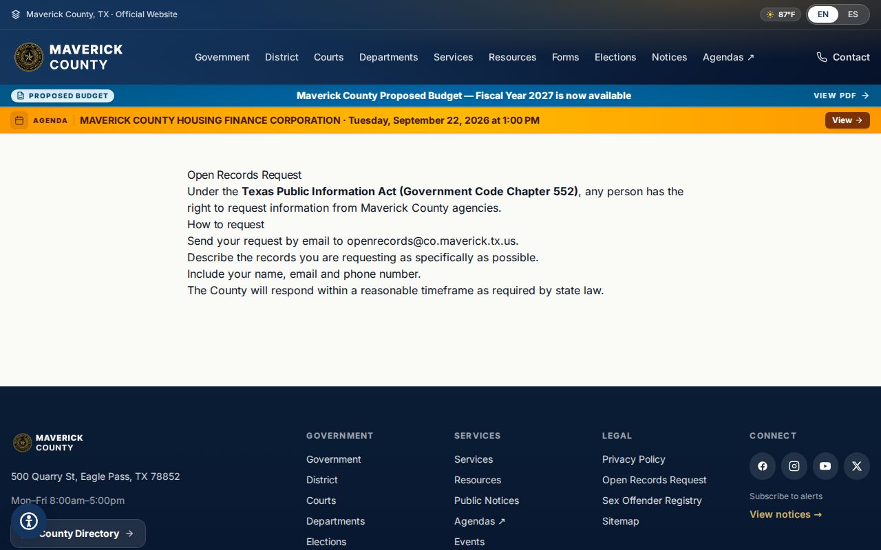 Maverick County warrant lookup research showing official county open-records instructions