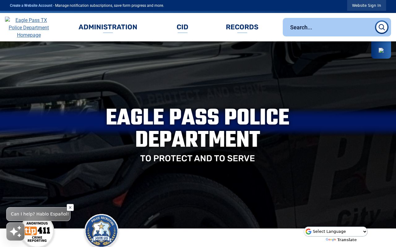 Eagle Pass warrant records research showing the city's Police Department address and contact page